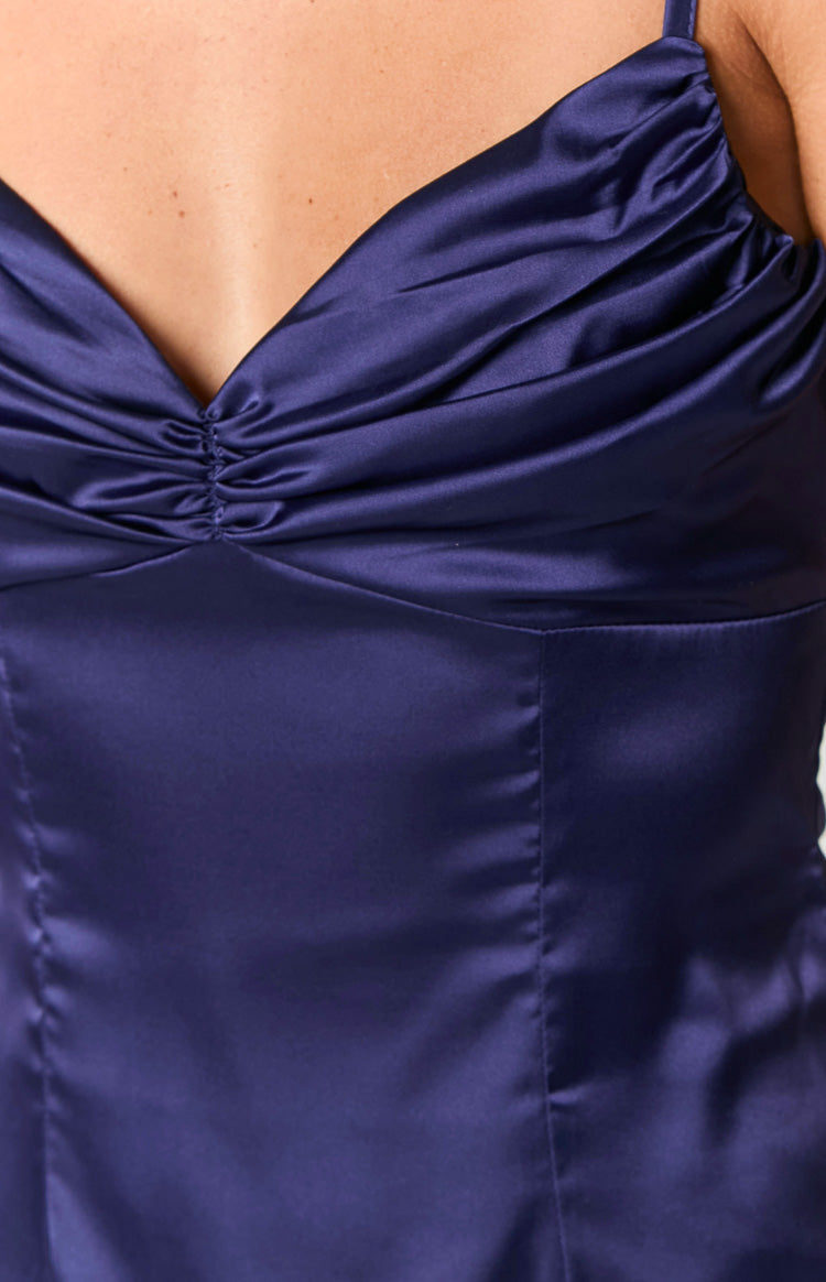 miss honey satin midi slip dress - navy Navy Blue Silk Satin Maxi Dress, Adjustable Spaghetti Strap Slip