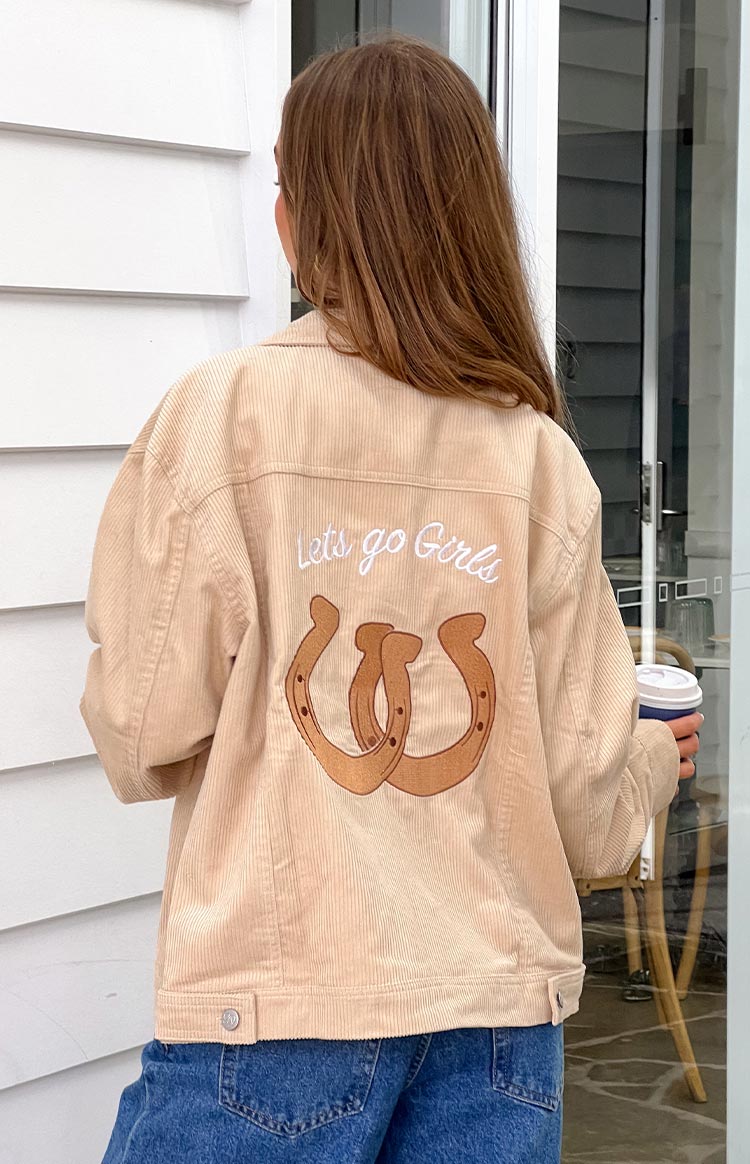 Beginning Boutique Hugo Cream Cord Western Jacket cream corduroy western jacket with 'Lets go Girls' and horseshoe embroidery on back