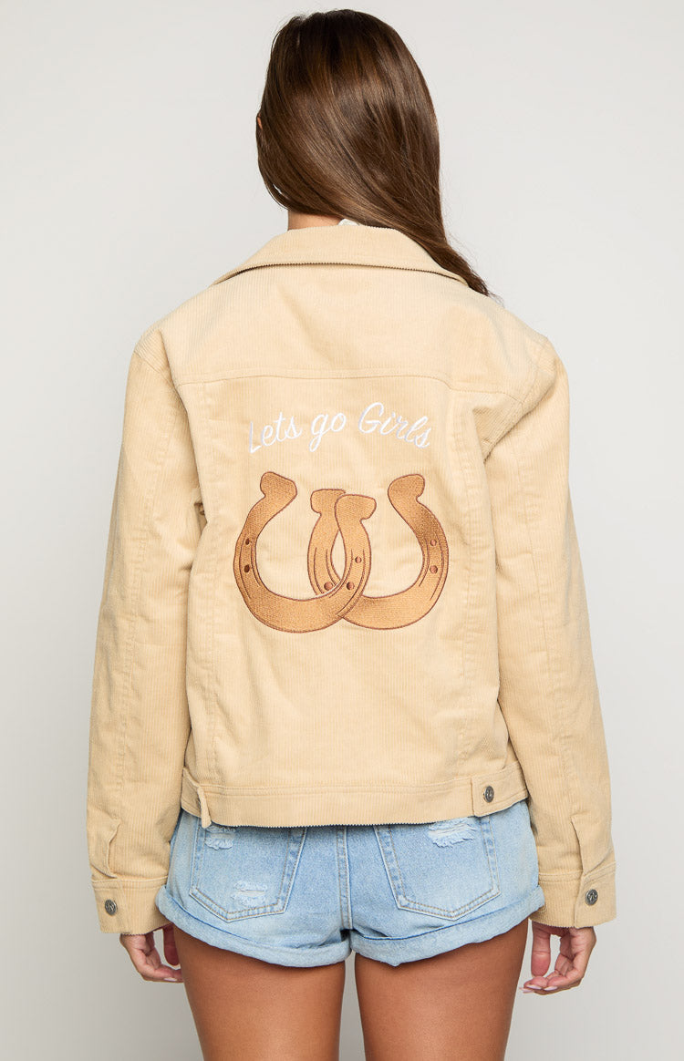 Back view of a cream corduroy western jacket with white 'Lets go Girls' text and brown horseshoe embroidery