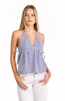 Beginning Boutique Imee Blue Striped Top blue and white striped halter neck deep V-neck top with gathered empire waist