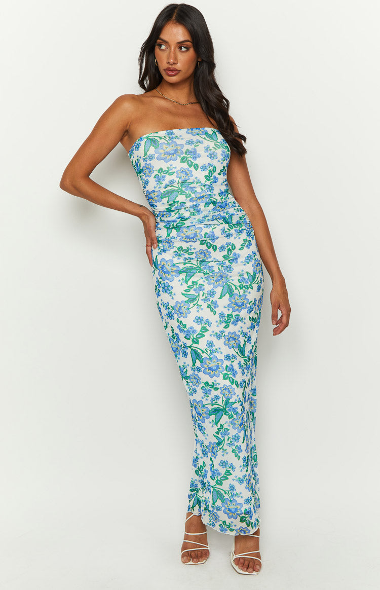 Imogen Blue Floral Strapless Maxi Dress – Beginning Boutique