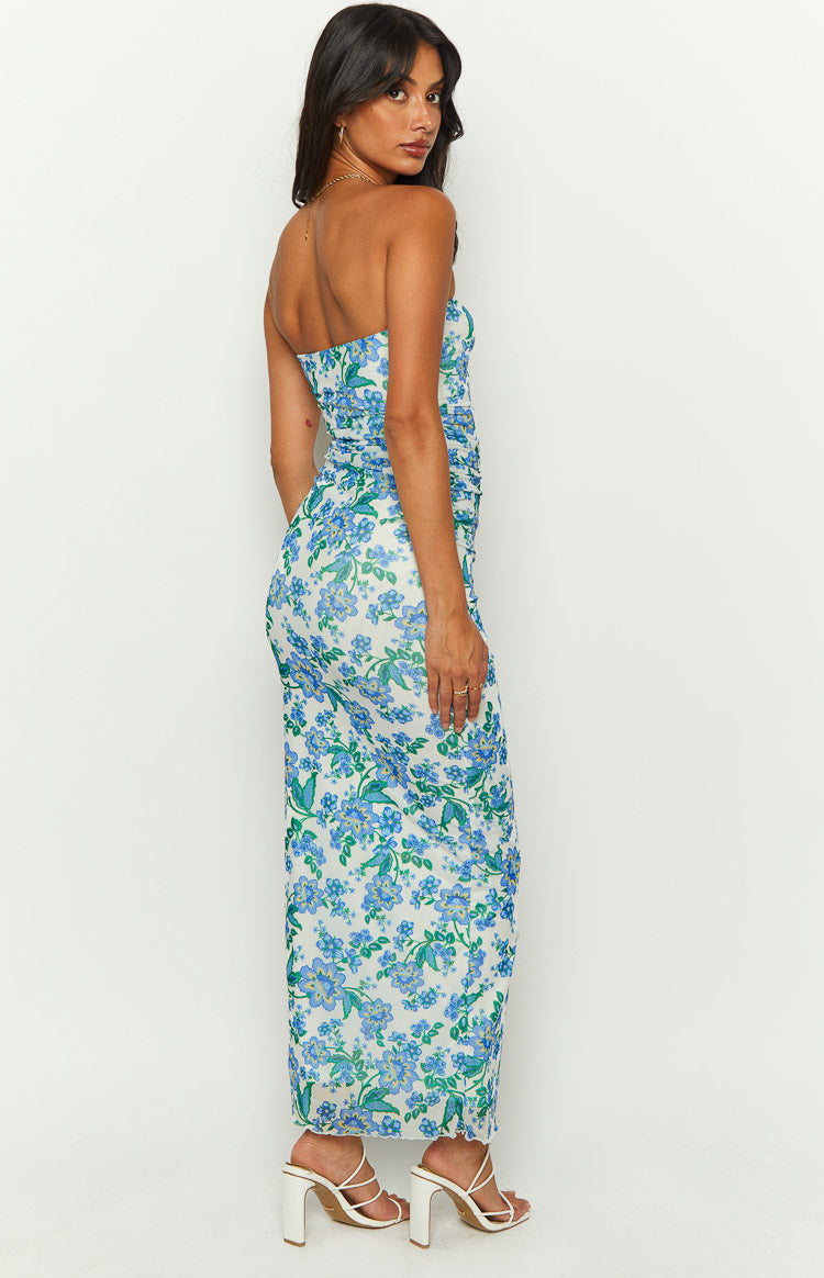 Shop Formal Dress - Imogen Blue Floral Strapless Maxi Dress fifth image