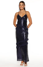 Inara Navy Sequin Ruffle Maxi Dress Image