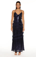 Inara Navy Sequin Ruffle Maxi Dress Image