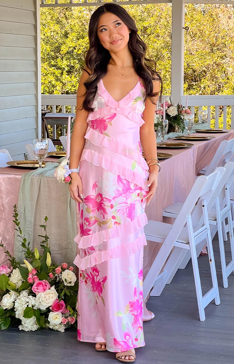 Inara Pink Floral Print Ruffle Maxi Dress Inara Pink Floral Print Ruffle Maxi Dress