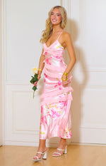 Full length front view of a pink floral print satin maxi dress with a ruffled V-neck and tiered ruffles