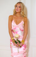 Beginning Boutique Inara Pink Floral Print Ruffle Maxi Dress pink floral print satin maxi dress with criss-cross tie-back straps and tiered ruffles