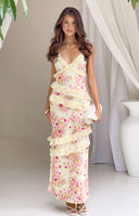 Beginning Boutique Inara Yellow Bloom Ruffle Maxi Dress yellow floral print V-neck maxi dress with tiered ruffles and spaghet