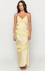 Front view of a pale yellow satin maxi dress with a V-neck and brighter yellow tiered ruffles