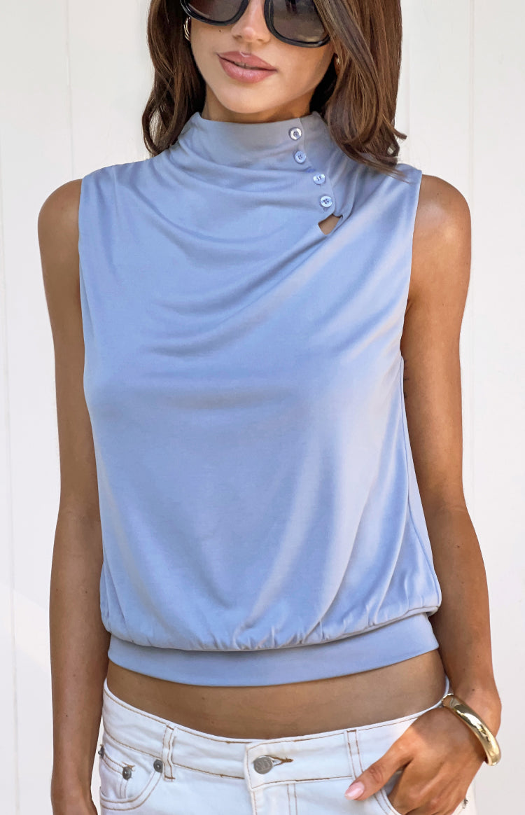 Beginning Boutique Indie Dusty Blue Keyhole Button Top dusty blue sleeveless mock neck top with cowl drape and buttoned keyho