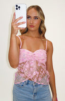 Beginning Boutique Isabella Pink Sequin Strapless Top pink sequin sheer cropped top with floral appliques and large front bow