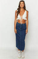 Front view of the dark denim midi skirt showing the button closure, front pockets, and raw frayed hem