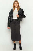 Washed black denim midi skirt with a front button closure, vertical seam detail, and raw frayed hem