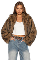 Beginning Boutique It Girl Chocolate Faux Fur Jacket chocolate brown faux fur jacket with wide lapels and long sleeves, cropped length