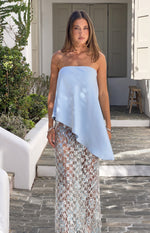 Light blue satin strapless top with a flowy fit and an asymmetric pointed hemline