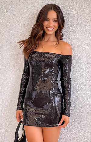 Black sequin mini dress with an off-shoulder neckline and long sleeves
