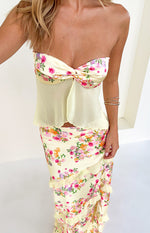 Yellow strapless top with a twisted floral satin bust and a sheer pale yellow chiffon body