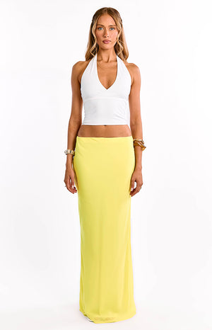 Beginning Boutique Jacqulin Yellow Maxi Skirt yellow fitted high-waisted maxi skirt in a smooth fabric