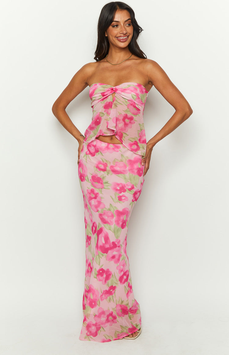 Jannie Maxi Skirt in Pink Floral Border Print Cotton