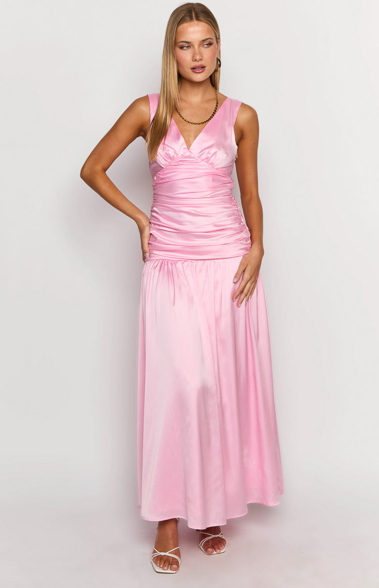 Pink satin V-neck sleeveless maxi dress with a gathered bodice and a flowing skirt
