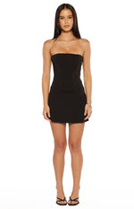 Front view of a black strapless mini dress with a structured bodice featuring vertical seam detailing and a straight skirt
