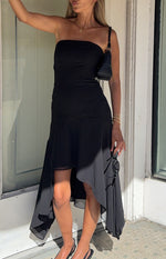 Jannah Black Strapless Hanky Hem Midi Dress Image
