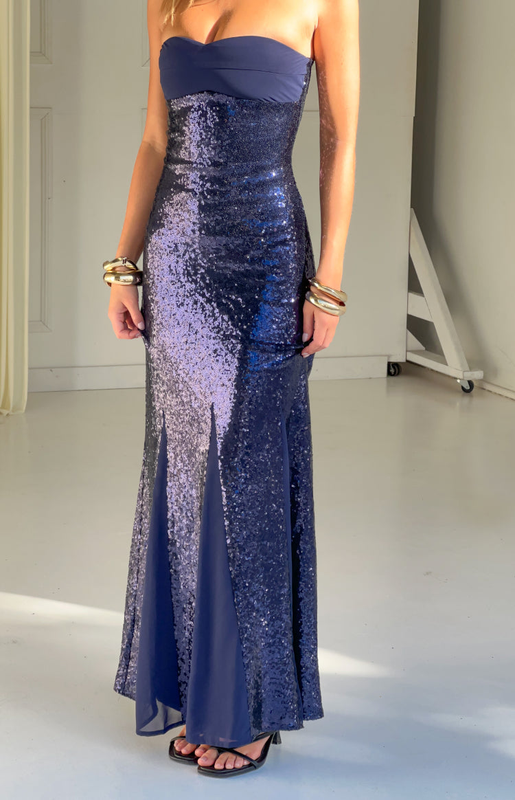 Full length navy sequin strapless maxi dress with a plain sweetheart bodice and a front leg slit
