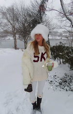 Cream chunky knit sweater with burgundy jacquard 'SKI' text and a relaxed fit