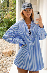 Beginning Boutique Jasper Blue Pinstripe Lace Up Shirt Dress blue and white pinstripe relaxed fit mini shirt dress with lace-