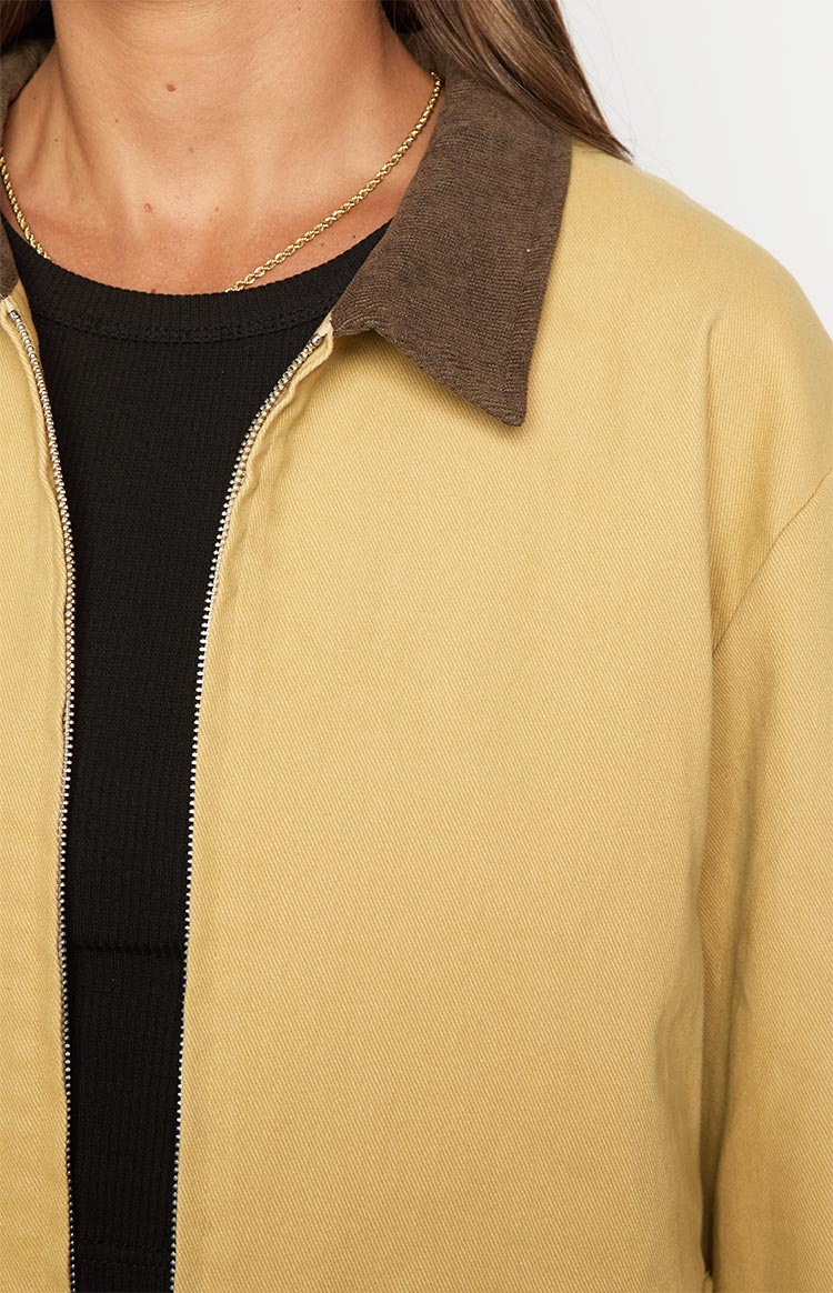 Close-up of the cream canvas jacket showing the brown contrast collar and silver zipper detail