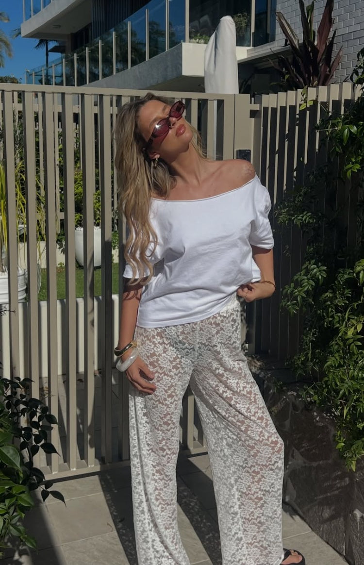 Beginning Boutique Jev White Lace Pants white sheer floral lace wide-leg pants
