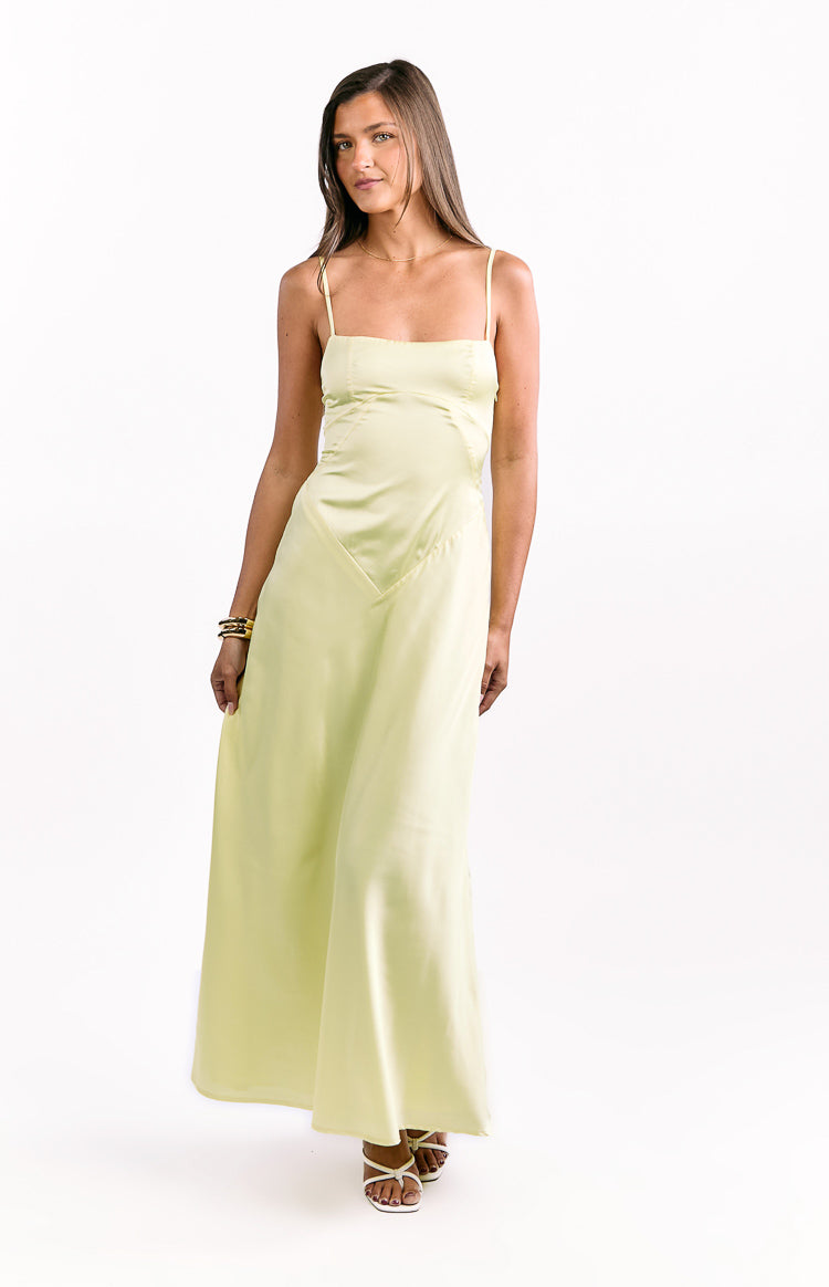 Beginning Boutique Joey Yellow Maxi Dress light yellow satin square neck maxi dress with thin spaghetti straps and V-seam detail