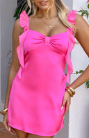 Beginning Boutique Joyce Hot Pink Satin Mini Dress hot pink satin mini dress with ruffled straps and a front bow detail