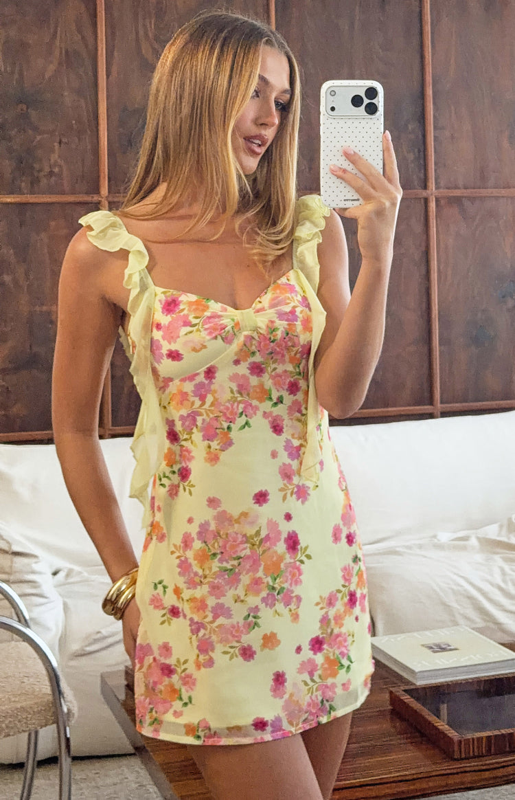 Beginning Boutique Joyce Yellow Bloom Chiffon Mini Dress yellow floral chiffon mini with sweetheart neckline and ruffled stra
