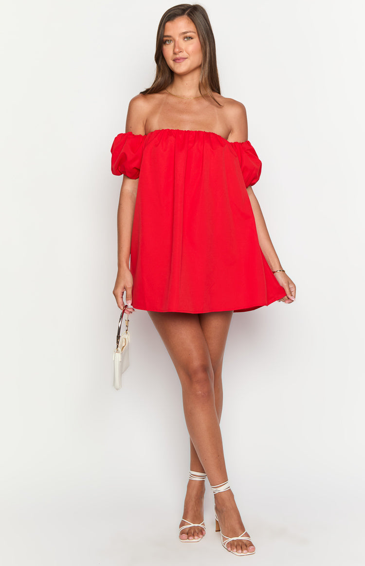 Red off-the-shoulder mini dress with a gathered neckline, short puff sleeves, and a flowy A-line skirt