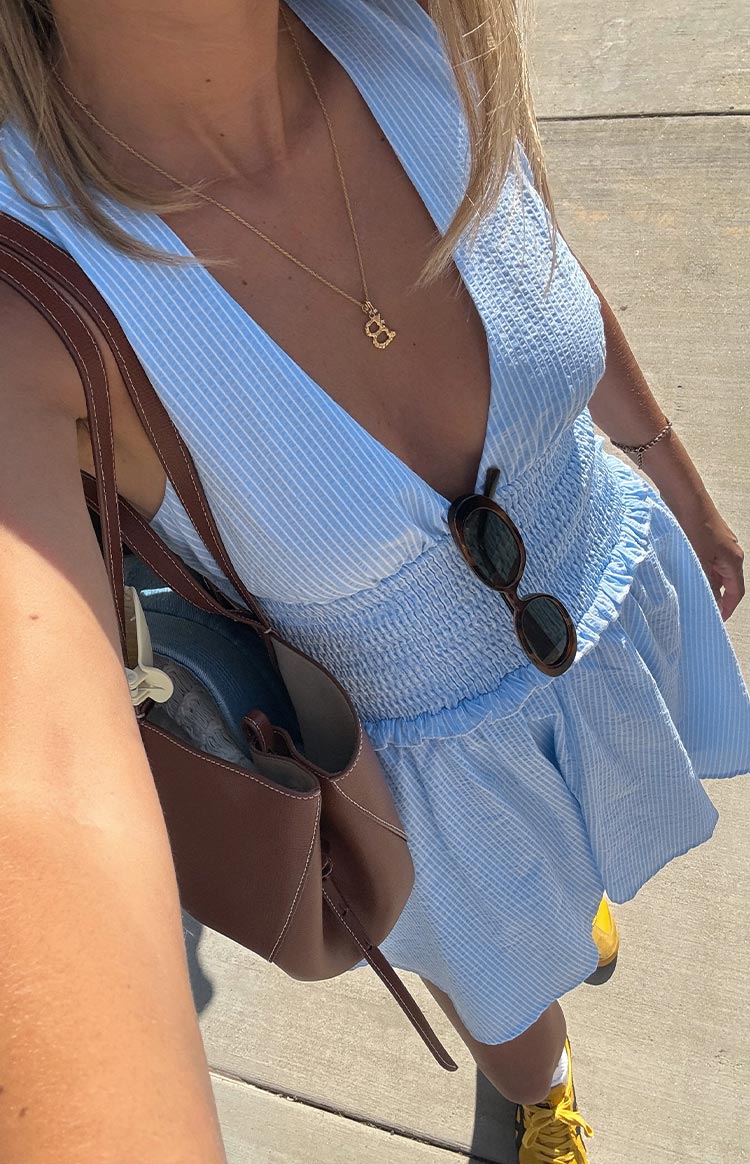 Beginning Boutique Juna Light Blue Stripe Shirred Mini Dress light blue stripe deep V-neck wide strap shirred bodice flared mini dress