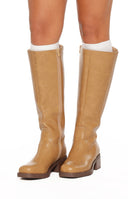 Beginning Boutique Juniper Camel Mid Length Boots camel leather mid-length boots with a block heel and side zipper