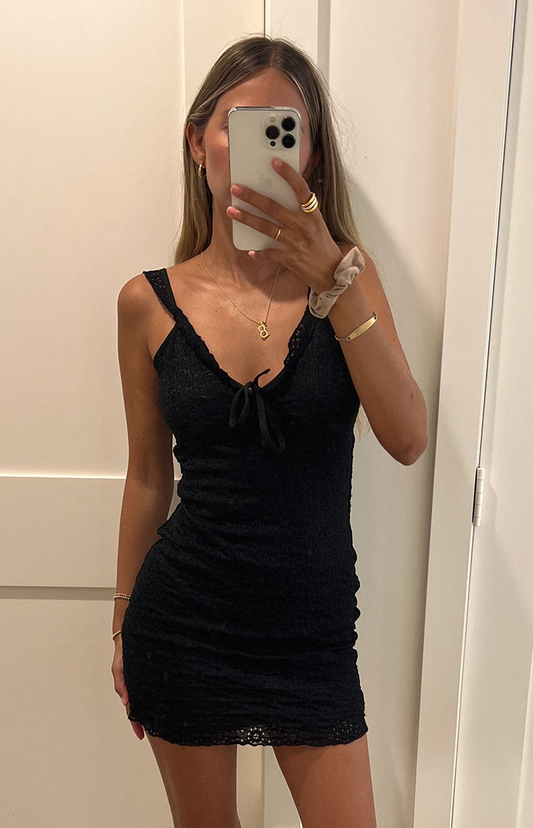Beginning Boutique Kienna Black Mini Dress black textured knit mini dress with V-neckline, tie-front detail, and thin straps