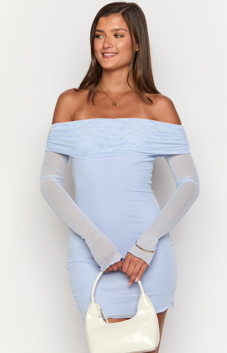 Close-up of the off-shoulder ruched mesh neckline and sheer long sleeves of a lilac mini dress