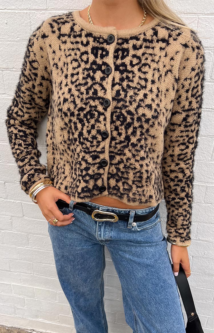 Beginning Boutique Kahli Leopard Print Cardigan beige and black leopard print fuzzy knit cropped cardigan with long sleeves and button front