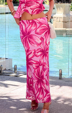 Beginning Boutique Karla Pink Floral Maxi Skirt light pink flowy maxi skirt with a vibrant dark pink floral print