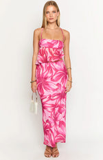 Front view of a pink floral maxi skirt with large fuchsia and light pink abstract flowers and a straight fit