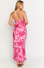 Rear view of the fitted pink floral maxi skirt with a vibrant fuchsia and light pink large-scale pattern