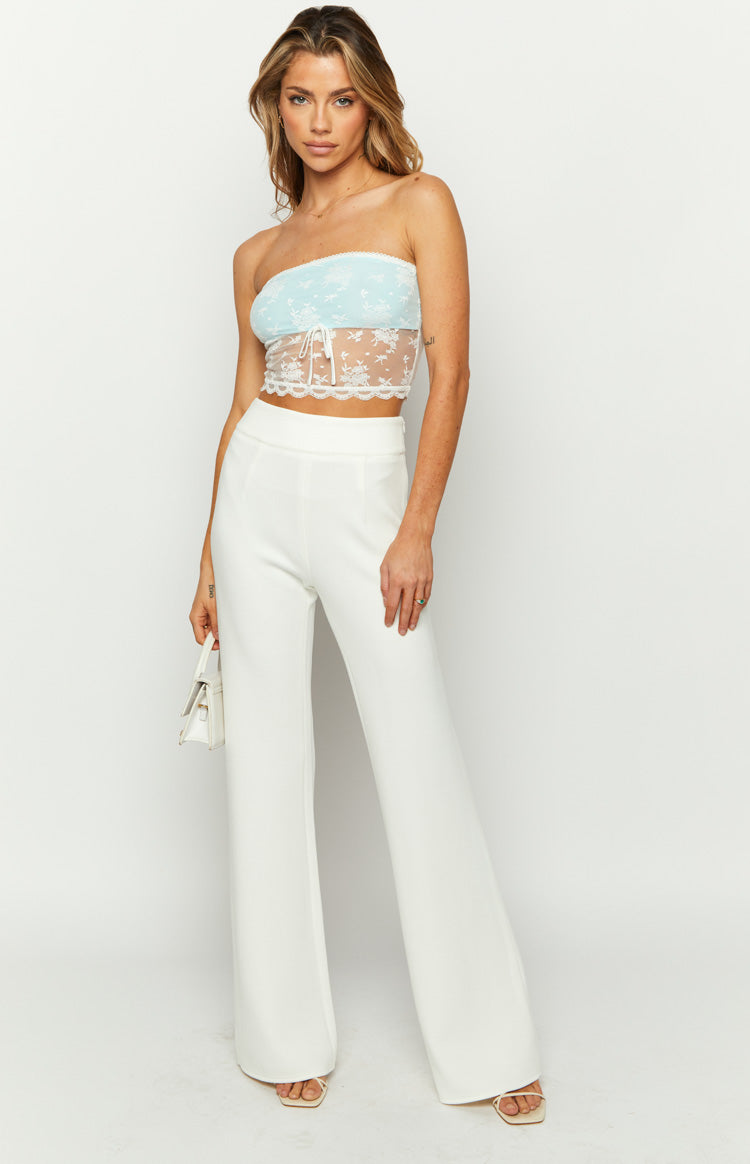 Light blue strapless tube top with white floral lace overlay and front drawstring detail