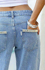 Kavira Light Wash Denim Diamante Trim Low Rise Jeans Image
