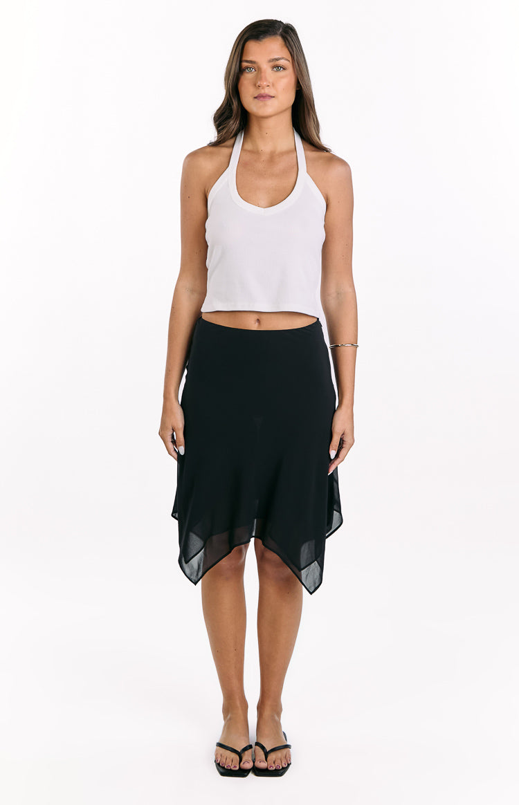 Black sheer hanky hem midi skirt with a flowy A-line silhouette and opaque lining