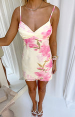 Yellow floral print chiffon mini dress with a twisted ruched bust and delicate spaghetti straps