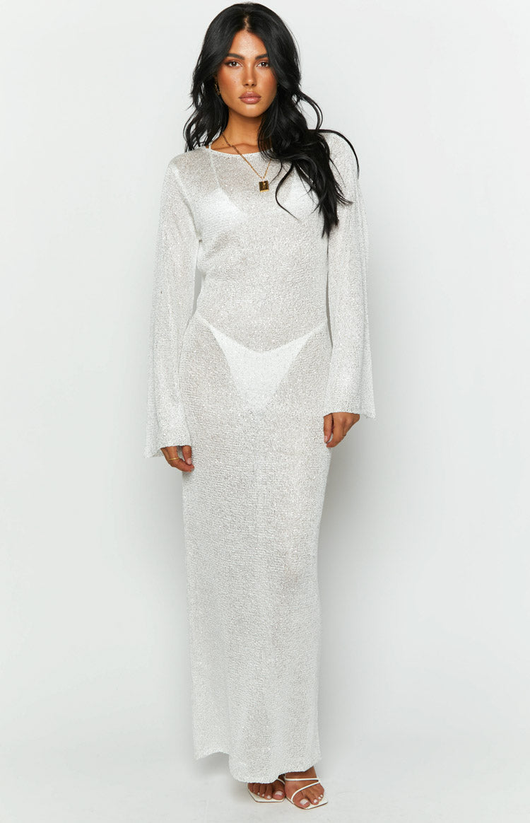 Kendrick White Sequin Knit Long Sleeve Maxi Dress Image