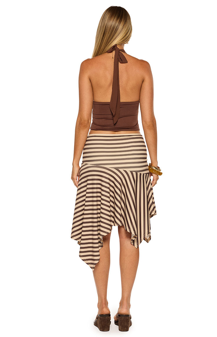 Rear view of the brown halter neck top showing the ties at the neck and the cropped back with horizontal ruching