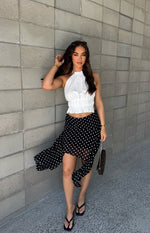 Beginning Boutique Khalea Black Polka Dot Hanky Hem Midi Skirt black with white polka dot hanky hem flowy midi skirt